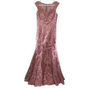 Long Dusty Rose Formal, Evening Gown, Mermaid fit with Tooling, lace & sequins